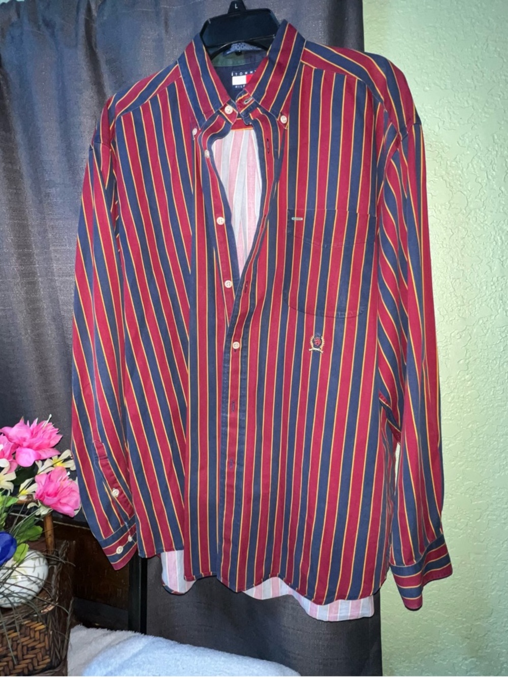 Vintage Tommy Hilfiger Men’s Striped Button-Down Shirt - Red/Navy